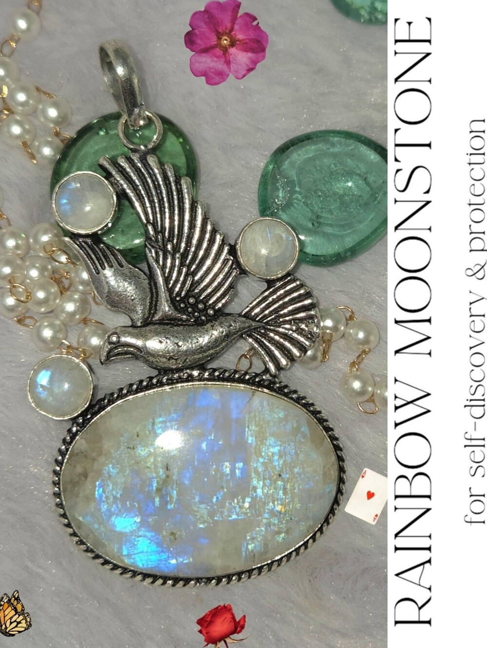 Radiant Rainbow Moonstone Gemstone Handmade Flying Dove Wings Pendant